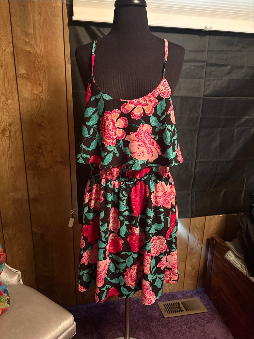 Floral Spaghetti Strap Summer Dress - Black with Pink & Green